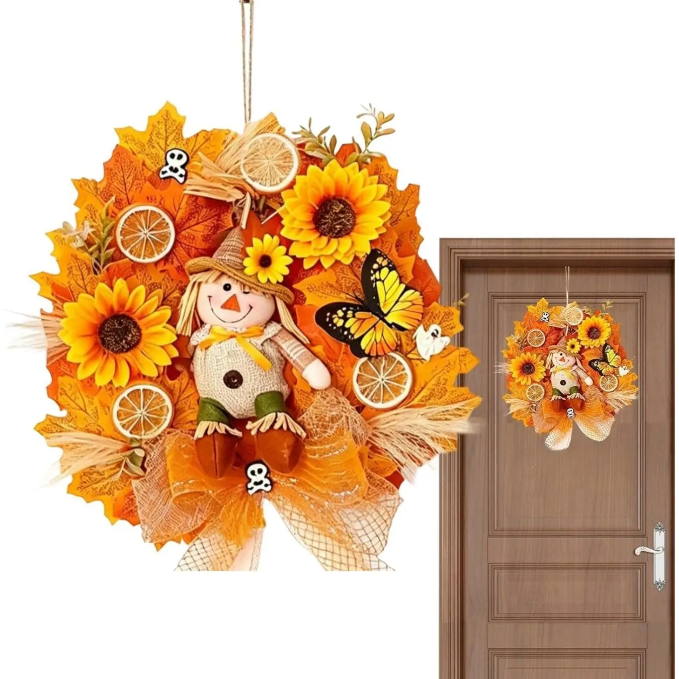 Halloween Scarecrow Maple Leaves Wreath, Autumn Harvest Sunflower Maple Wreath and Farmhouse Burlap Bow, Hanging Scarecrow Wreaths for Home Porch Autumn Decor