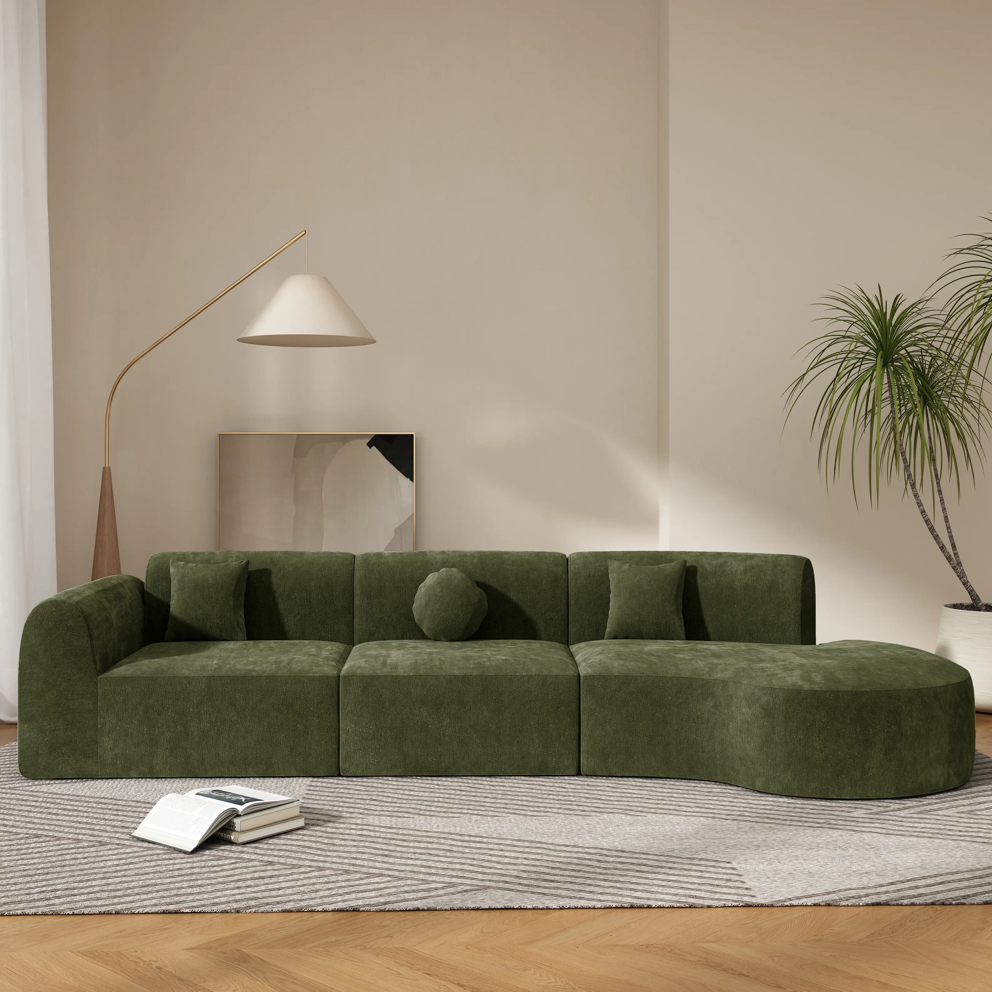 ARCH Modern Curved Sectional Sofa Set 3-Piece with Chaise Lounge, High-Density Fully Compressed Sponge, Green Polyester Fabric, Right Hand Facing, 4-Seat, Fully Assembled, 140in, for Living Room Lounge, Green Color Options, Foam/Polyester Material,sohochi