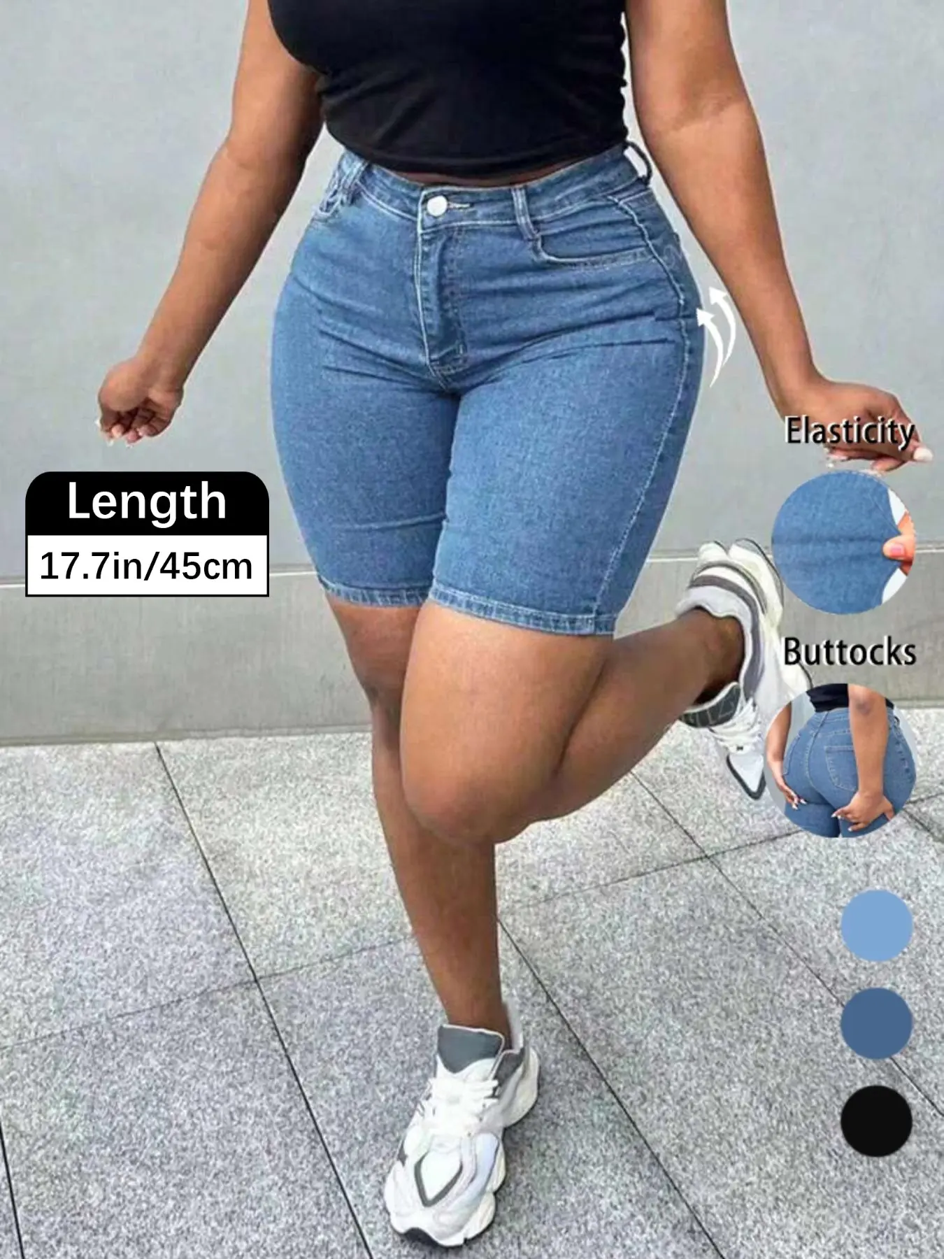 Women's Elastic Denim Shorts, Butt-Lifting Sexy Slim Fit, Summer Casual, Knee-Length Button Fly, Plain Pattern