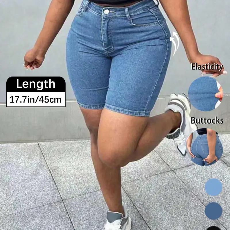 Women's Elastic Denim Shorts, Butt-Lifting Sexy Slim Fit, Summer Casual, Knee-Length Button Fly, Plain Pattern, Butt Enhancer Shorts
