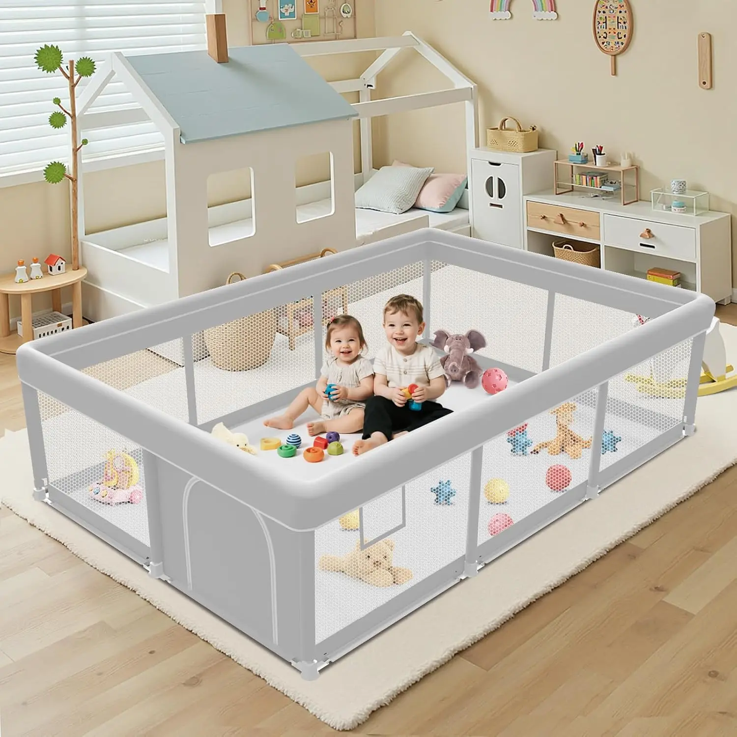 Baby Playpen 74x50 Inch, Playpen  Babies and Toddlers, Play Pen Indoor & Outdoor Active Center, Sturdy Safety Playard with Anti Slip Suction Cups, Skin-Friendly Fabric, Large Space Baby Fence