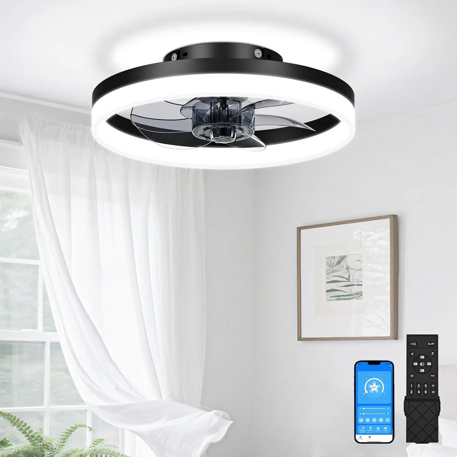 13 inch Small Ceiling Fans with Lights and Remote, Low Profile Ceiling Fans with Light, 3000K-6500K Dimmable LED Ceiling Light Flush Mount, Bladeless Fandelier Ceiling Fan (Black)