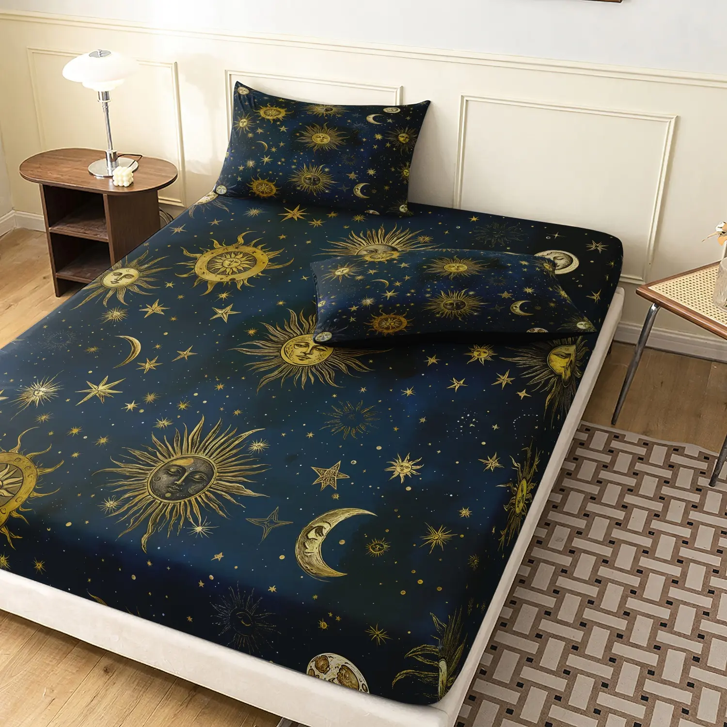 3 Pieces Dark Navy Blue Celestial Sun Moon Star Fitted Sheet Set, Vintage Sun Crescent Moon Galaxy Print Bedding Bed Linens, For All Season Home Family Dormitory Hotel Mattress (1 Fitted Sheet + 2 Pillowcases, No Pillow) Boho Fitted Sheet