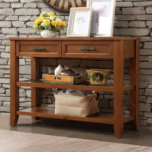 Rustic Modern Distressed Pine Solid Wood Frame MDF Sideboard Console Table - 42.01"L×13.78"W×29.92"H, 2 Drawers (17 lbs Capacity, Pull Handles), 2-Tier Open Shelf, 220 lbs Top Load, Assembly Required, Easy-Assemble Entryway Sofa Table for Living Room