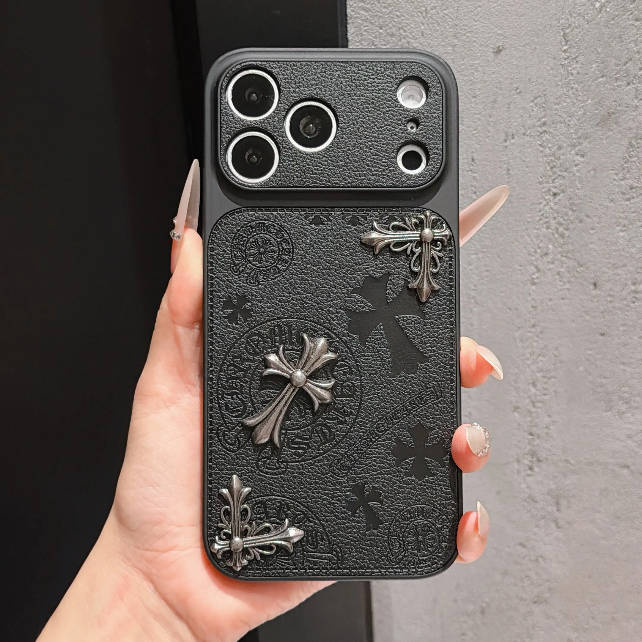 Vintage Chrome Hearts 3D Metal Cross Magnetic Phone Case, Black Leather Full Shockproof Cover
