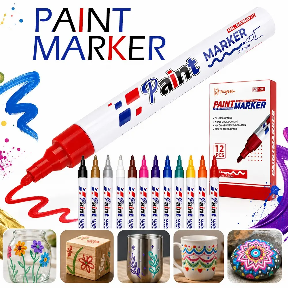 12-Pack Single Color Metal Paint Pens, Waterproof Fast-Drying Oil-Based Markers, Non-Fading, Suitable for Various Surfaces