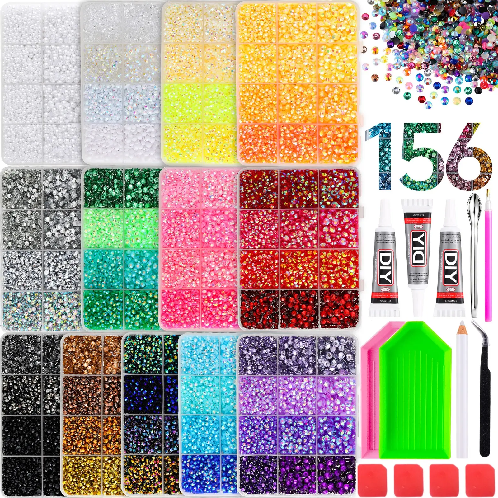 1Set 156-Grids AB Crystal Flatback Rhinestones Bedazzling Kit,Vibrant Color Bling Semi-circular Gems Diamond Art with 3D Manicure Tools for DIY Nails Phone Case Gift Decor