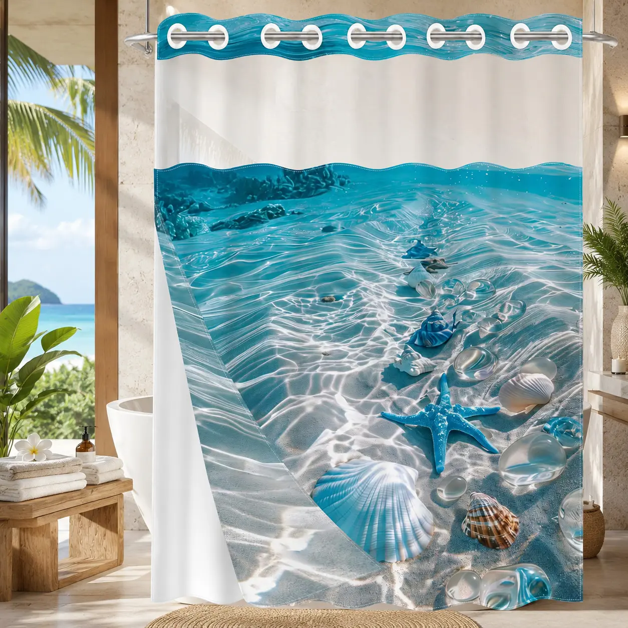 1 Pack No Hook Double Layer Shower Curtain, Shower Curtain No Hooks, Underwater Coral & Seashell Print, Waterproof, Mildew Resistant, Durable Fabric, Ocean Home Decor, Removable Liner, Top See-Through Window, Partition Curtain, Installation 71"×74"