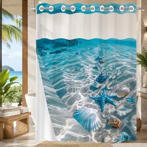 1 Pack No Hook Double Layer Shower Curtain, Underwater Coral & Seashell Print Bath Curtain, Waterproof, Mildew Resistant, Durable Fabric, Ocean Home Decor, Removable Liner, Top See-Through Window, Partition Curtain 71"×74"