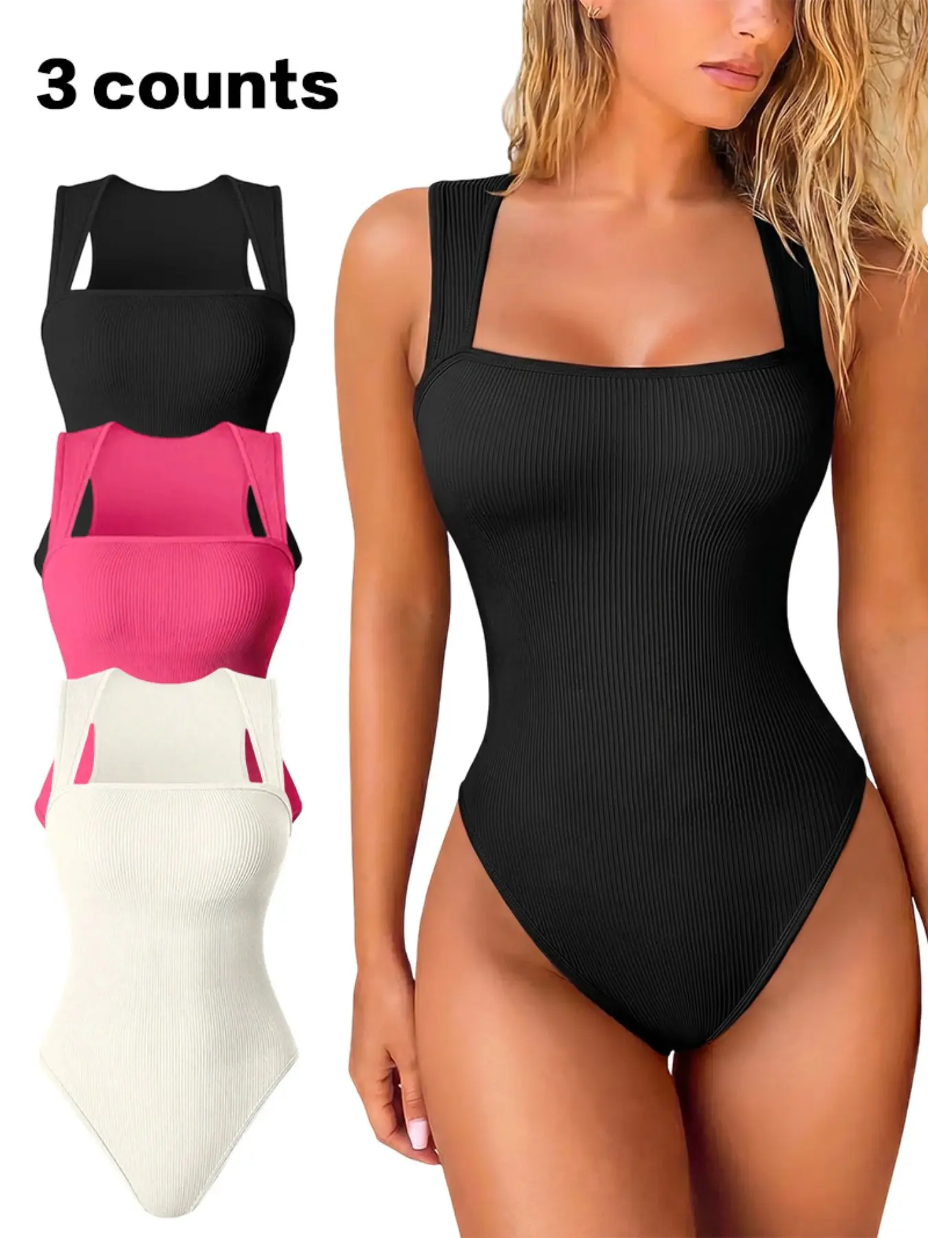 Square Neck Wide Strap Ribbed Bodysuit, Soft Stretch Rib Fabric, Waist & Hip Shaping, All Seasons Casual Romper, Minimalist Layering Top