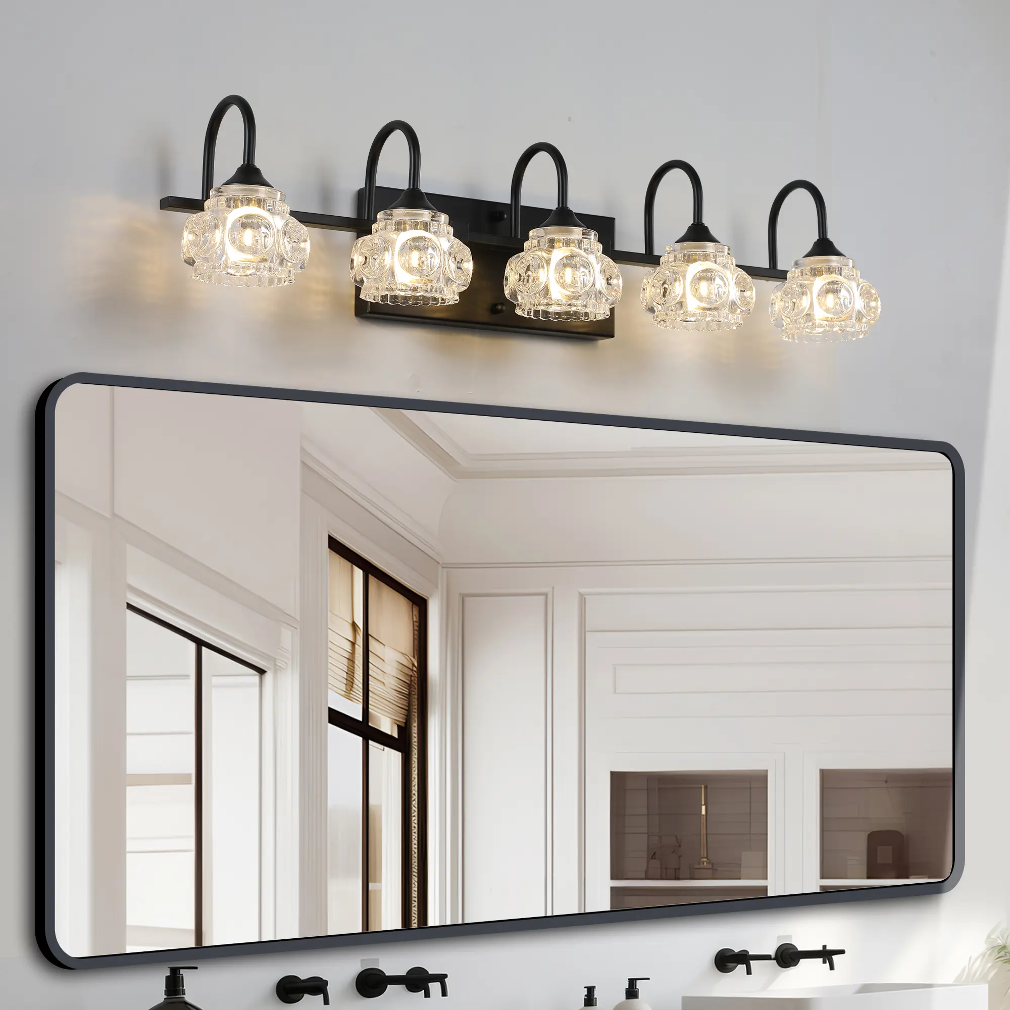 29" Black Crystal Bathroom Vanity Light, 5-Light Wall Sconce Fixture with Clear Glass Shades, Modern Retro Mirror Light for Bathroom, Bedroom, Powder Room (Bulbs Not Included)