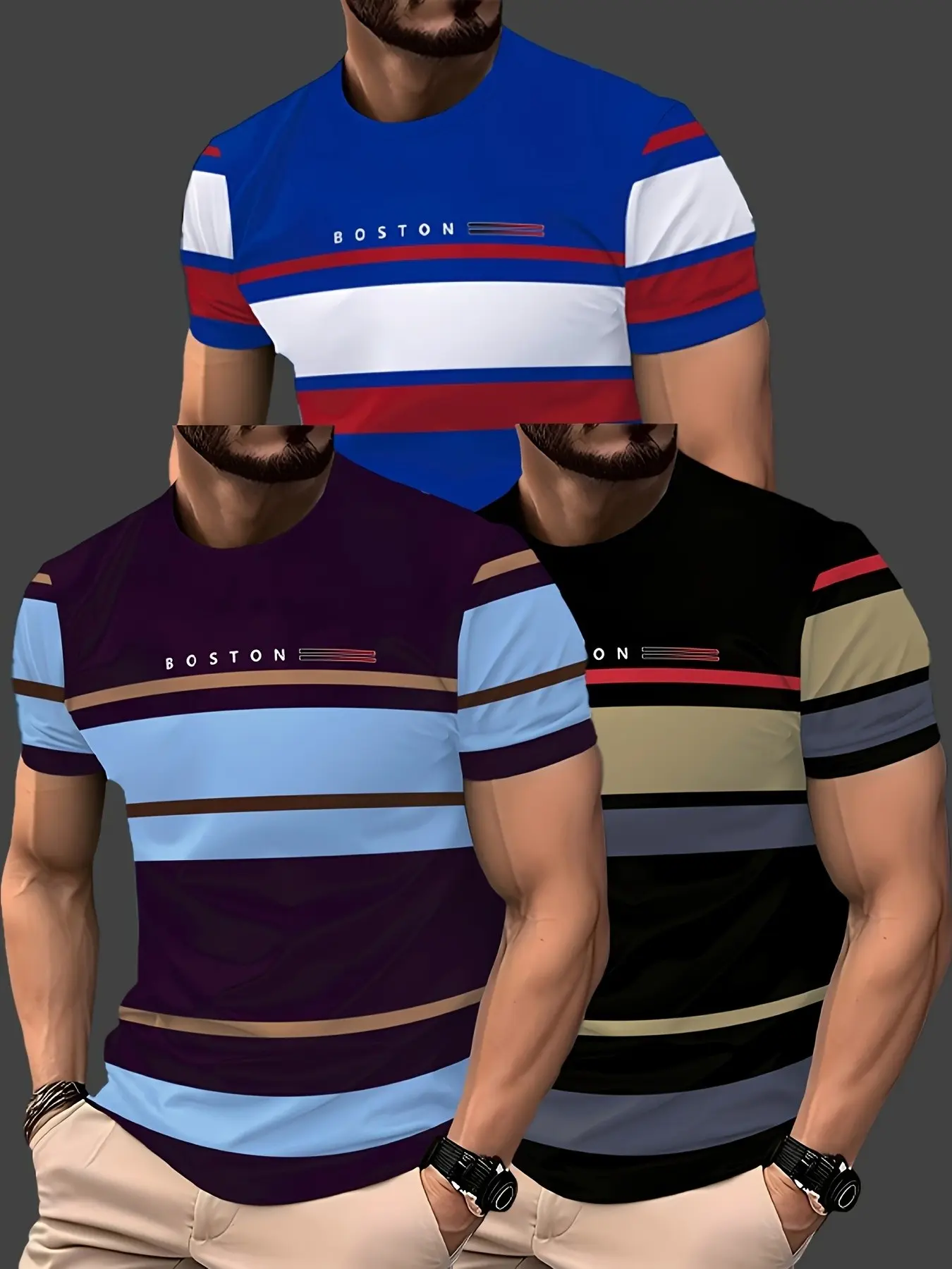 Men's 3-Pack Casual Short Sleeve T-Shirts, Soft Polyester Knit Fabric, Trendy Tribal Print, Perfect for Leisure and Vacation