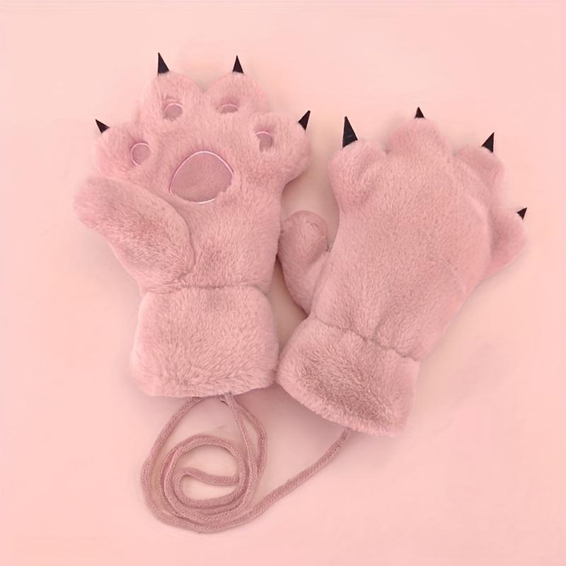 1 Pair Girls' Winter Plush Bear Paw Gloves - Cute Cartoon Bear Face with Expressive Eyes & Nose, Thick Warm Fleece-Lined Hand Warmers for Old