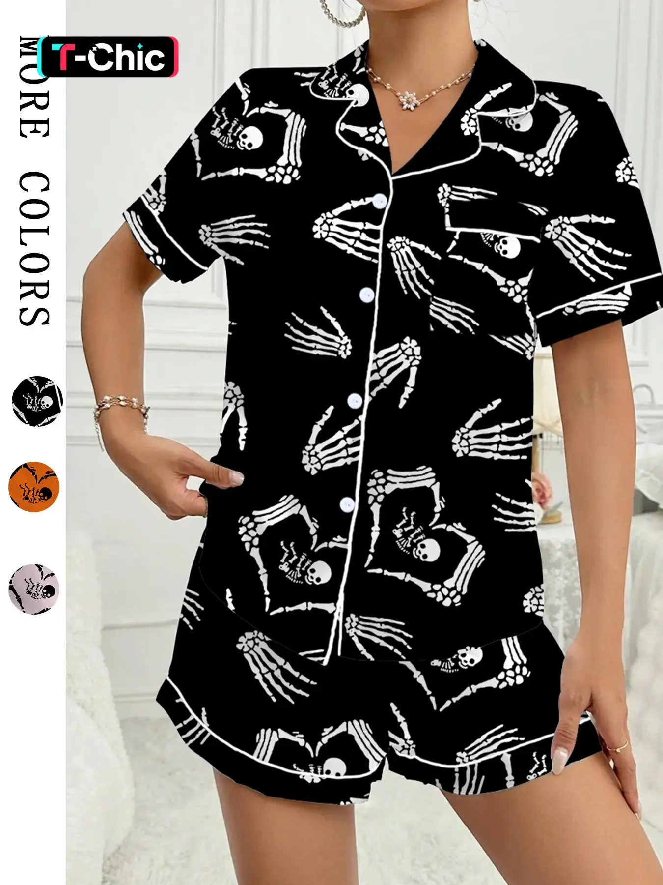 Halloween Women's Vintage Skeleton Skull Shirt & Elastic Waist Shorts Pajama Set, Party Style, All Seasons, Moderate Fabric, Multi-Color