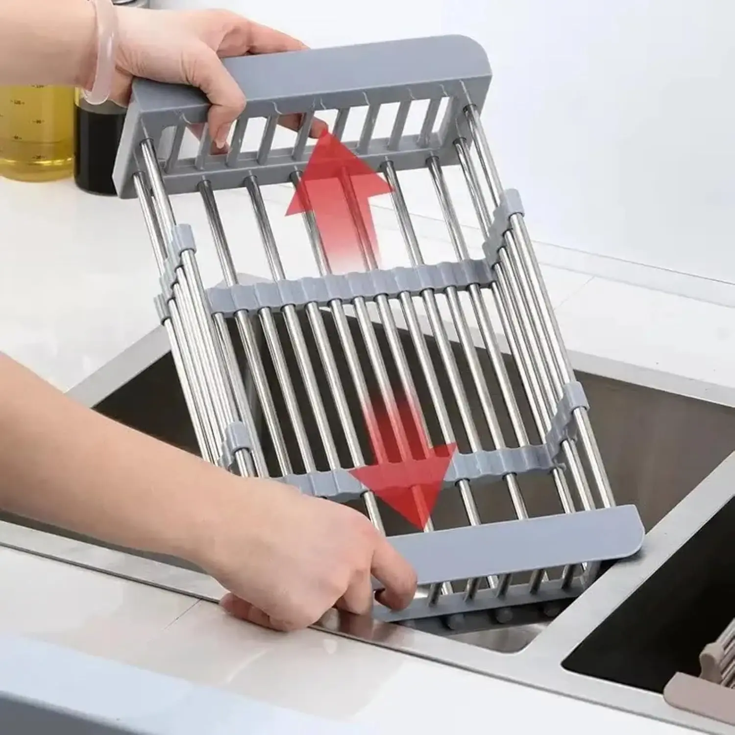 Extendable Stainless Sink Drain Basket, Retractable Dish Drying Rack, Over The Sink Drainer,-Saving Stainless Drain Rack, Extended/for Dishes, Fruits, Vegetables, Large
