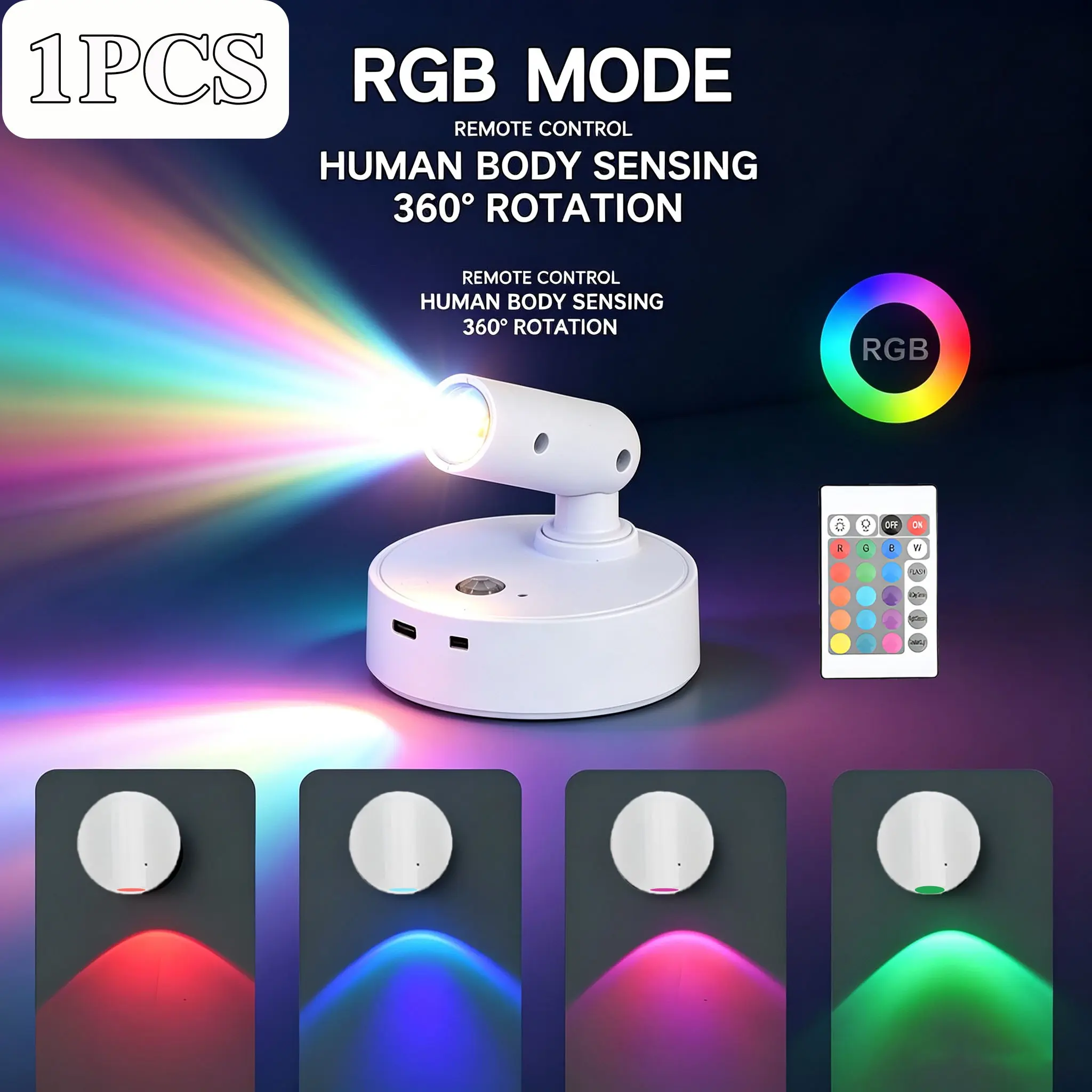 Multi-Functional Wireless Spot Light, RGB Color Modes, Adjustable Brightness, Rechargeable, Wall Mounted, Touch and IR Control