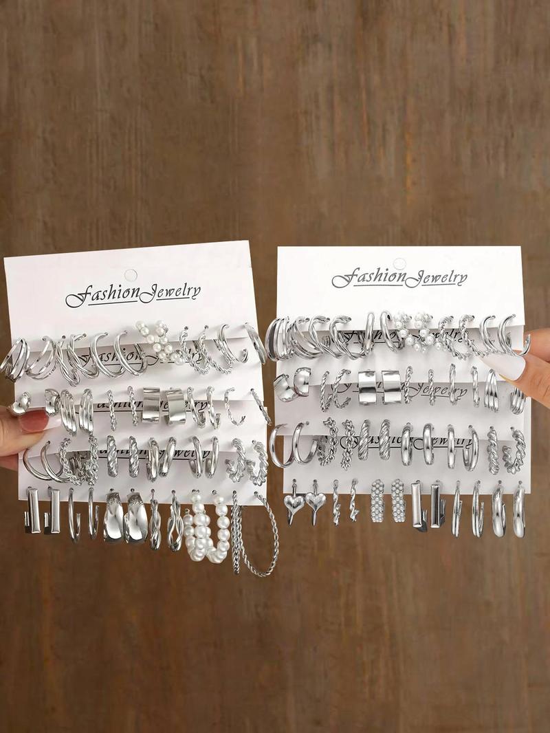 Faux Pearl Decorated Geometric Design Hoop Earrings, Summer Outfits 2024 Matching Earrings Set, Jewelry Accessories for Women & Girls, Fashionable Jewelry Accessories