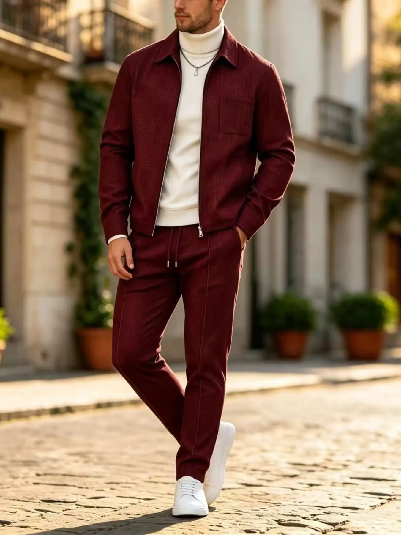 Men's Solid Color Waffle Texture Lapel Zipper Long Sleeve Jacket and Pants Two-Piece Set, Casual, Comfortable and Stylish, Perfect for Daily Wear
