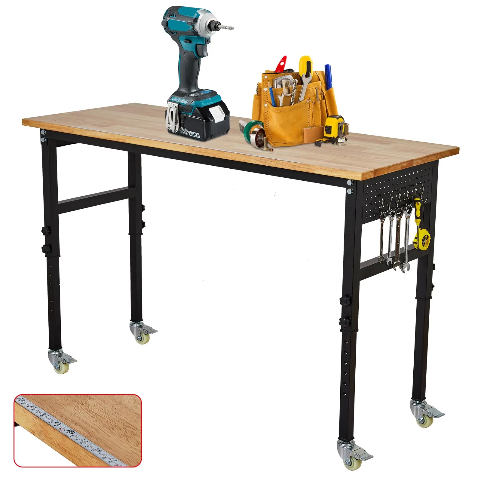 Adjustable Heavy Duty Workbenches with Rubberwood Tops, Pegboards, Power Outlets, Built-in Rulers, Locking Casters, and High Load Capacity for Garage, Workshop, Home, and Office Use