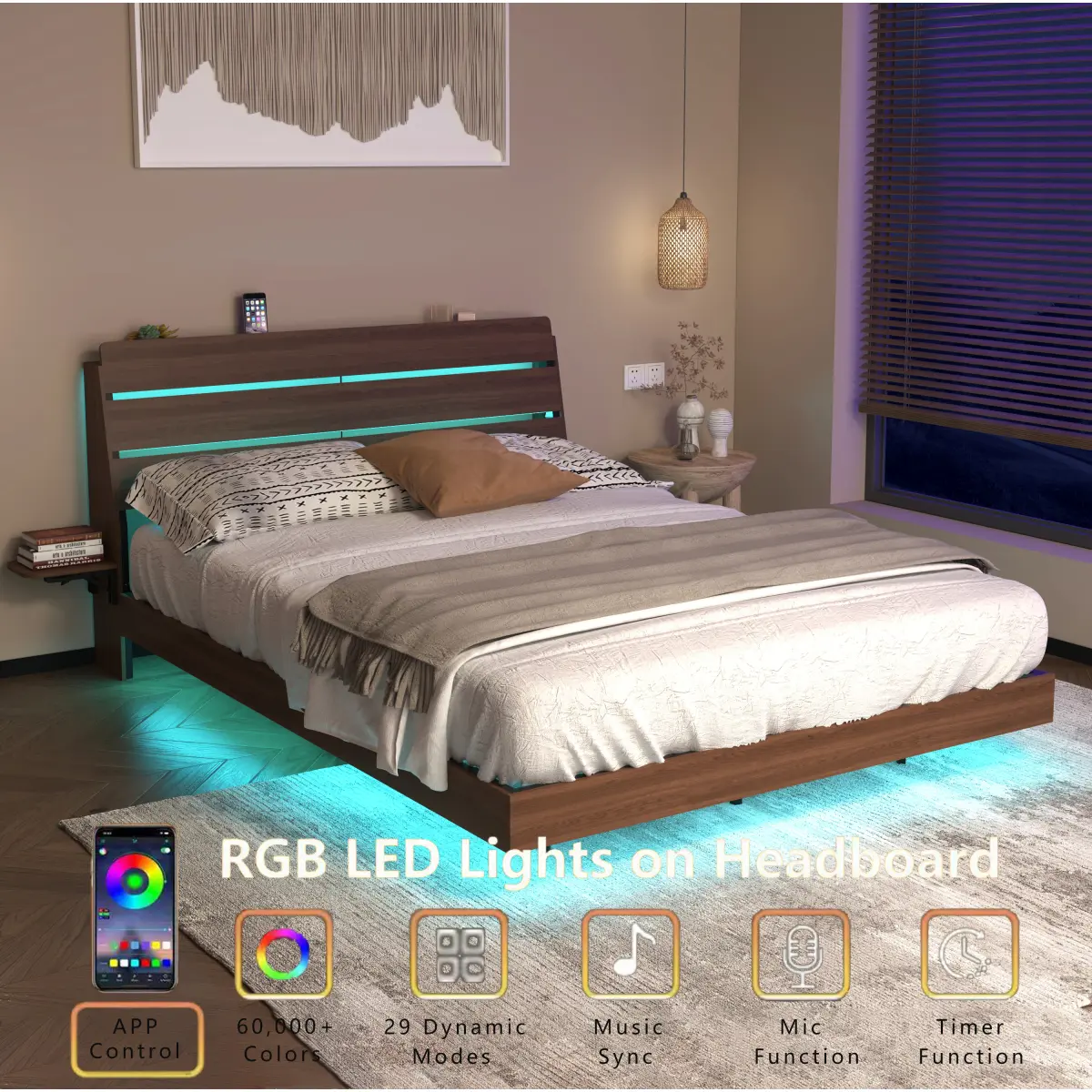 Floating Bed Frame Queen with Led Lights and Charging Station, Wood Queen Size Bed Frame with Storage Headboard,  No Box Spring Needed, Easy Assembly,Walnut