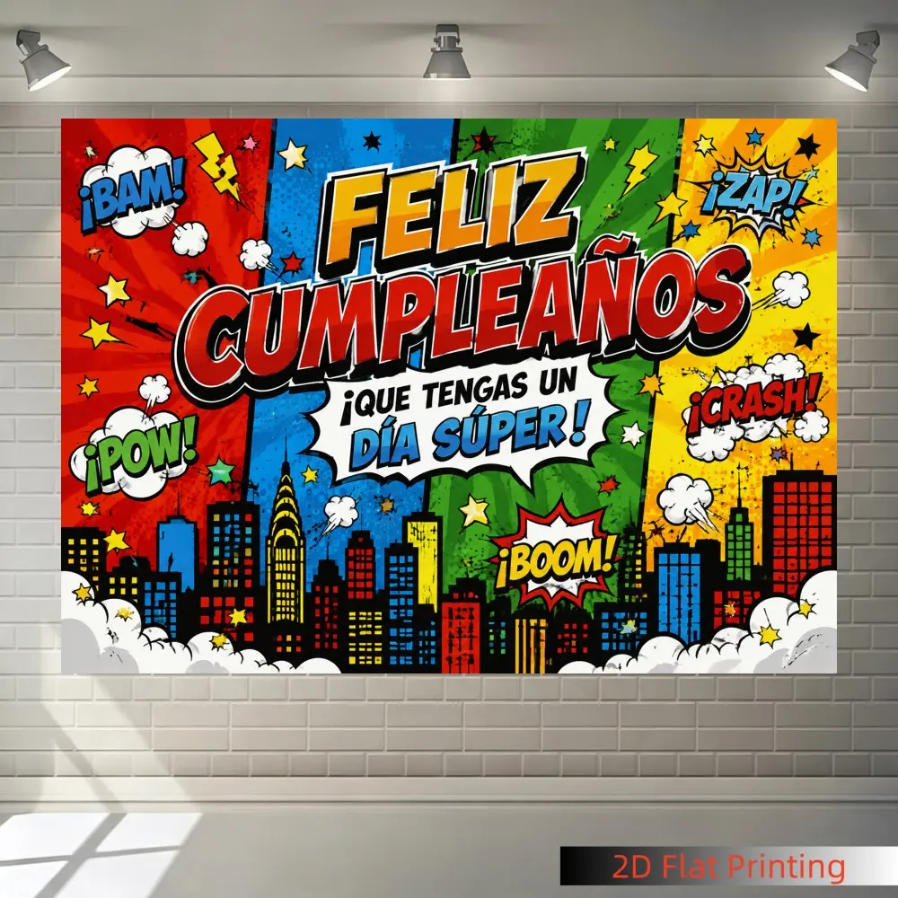 1PC 2D Flat Spanish Superhero Comic Birthday Backdrop, Feliz Cumpleaños City Comic Kids Party Photo Decor, for Bedroom, Art Wall, Home Decor, Garden Outdoor, Polyester, Indoor and Outdoor, Happy Birthday Decorations