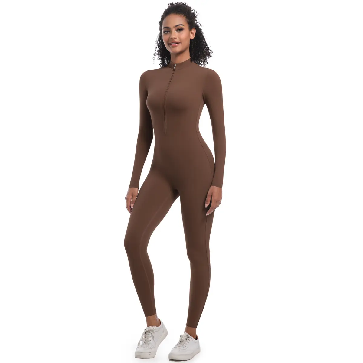 Women's Half Zip Stand Collar Long Sleeve Athletic Jumpsuit, High Stretch Full Length Form-Fitting One Piece Workout Outfit, Breathable Activewear for Yoga Gym Running Daily Wear