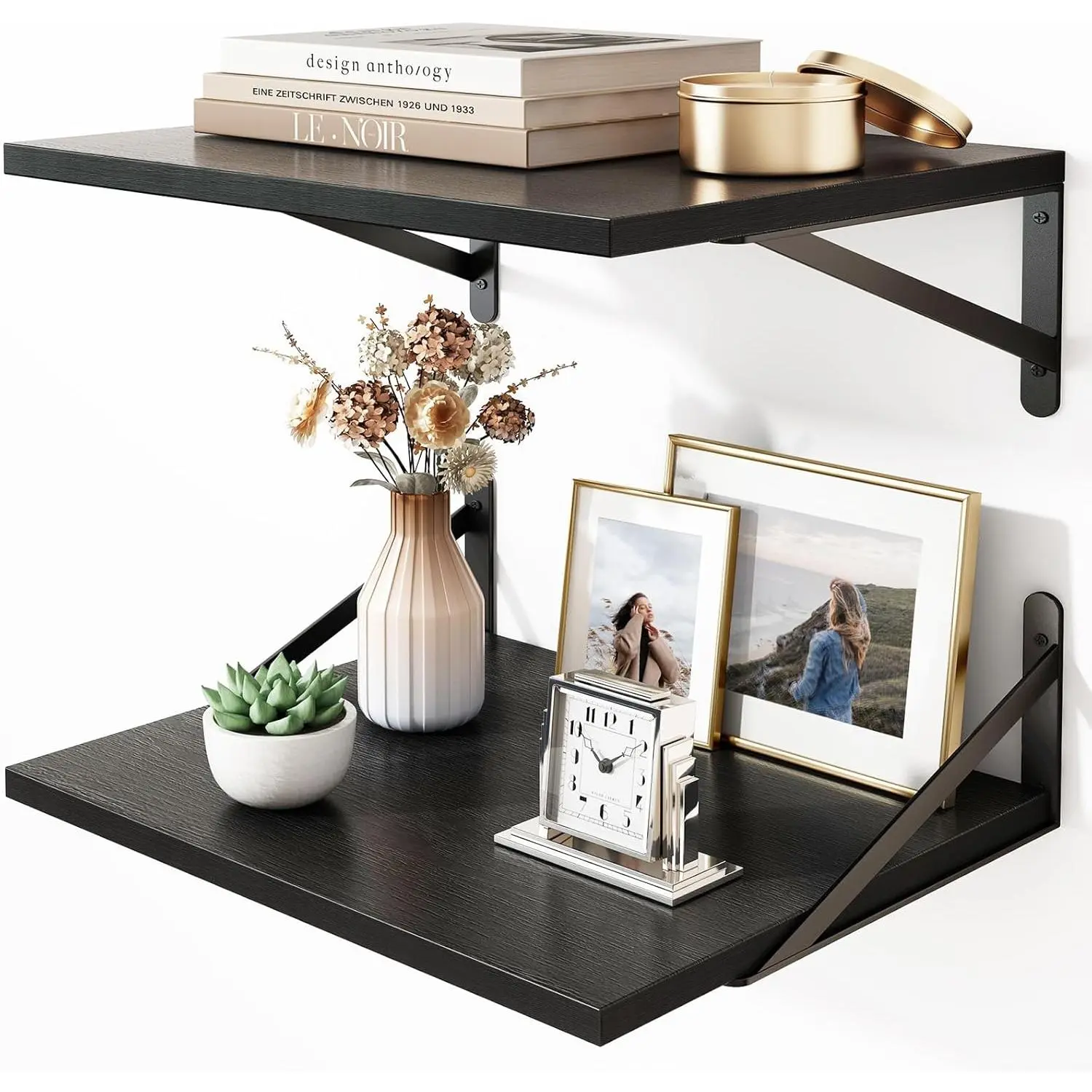 2pcs 11.8in Deep Floating Shelves for Wall (Black, 15.7" L)| Large Capacity MDF shelf, 0.6in thick board, holds up to 40 lbs.Fits,, bedroom, living room & office.