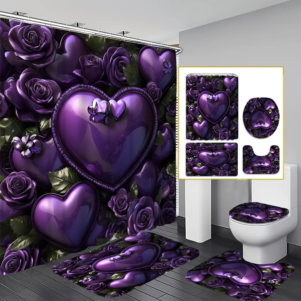 Purple love shower curtain set (4-piece set), purple love and rose bathroom decoration, U-shaped installation, toilet cover cover, 12 hooks, heart decoration, home decoration, bathroom decoration