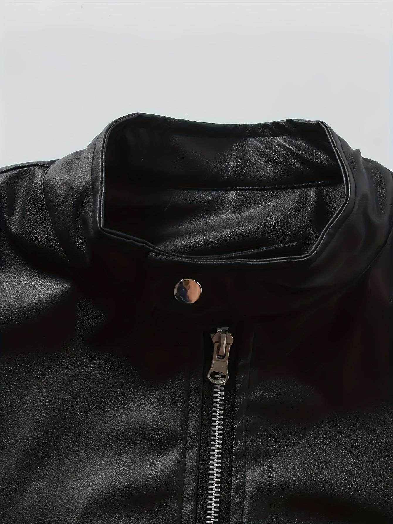 A black leather jacket with a stand collar, featuring a trendy cool style. The stand collar adds a touch of sophistication, while the glossy leather surface exudes confidence. The zipper is smooth and easy to operate, making it perfect for everyday street