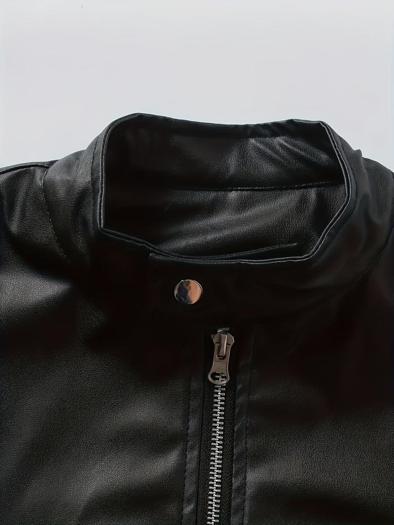 A black leather jacket with a stand collar, featuring a trendy cool style. The stand collar adds a touch of sophistication, while the glossy leather surface exudes confidence. The zipper is smooth and easy to operate, making it perfect for everyday street