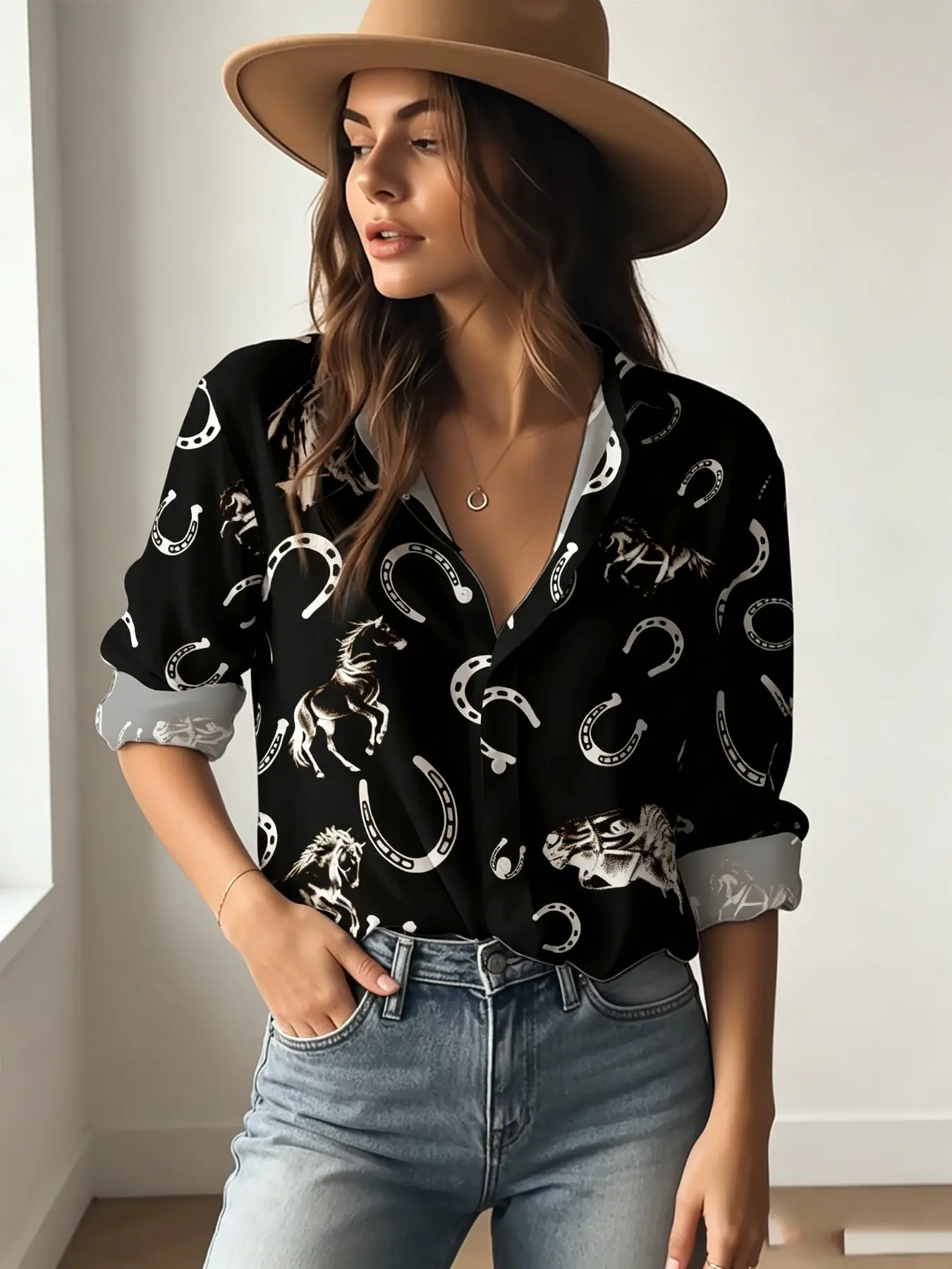 New Women's Western Style Base Horse Iron Print Blouse, Vintage American Cowboy Collar, Loose-Fitting Long Sleeve Shirt