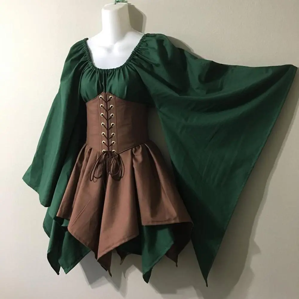 Women's Medieval Costume Gown, Vintage Patchwork Fairy Dress with a Lace-Up Bodice for Halloween Cosplay, Costumes, Medieval Look, Party Dress, Polyester Mix, Victorian Medieval Vintage Fairy Elf Costume