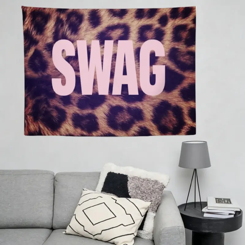 Y2K SWAG Typography Tapestry Wall Mural Light Pink Letters Dark Leopard Pattern Background Wall Hanging Retro Streetwear Grunge Girls Bedroom Decoration College Dorm Banner