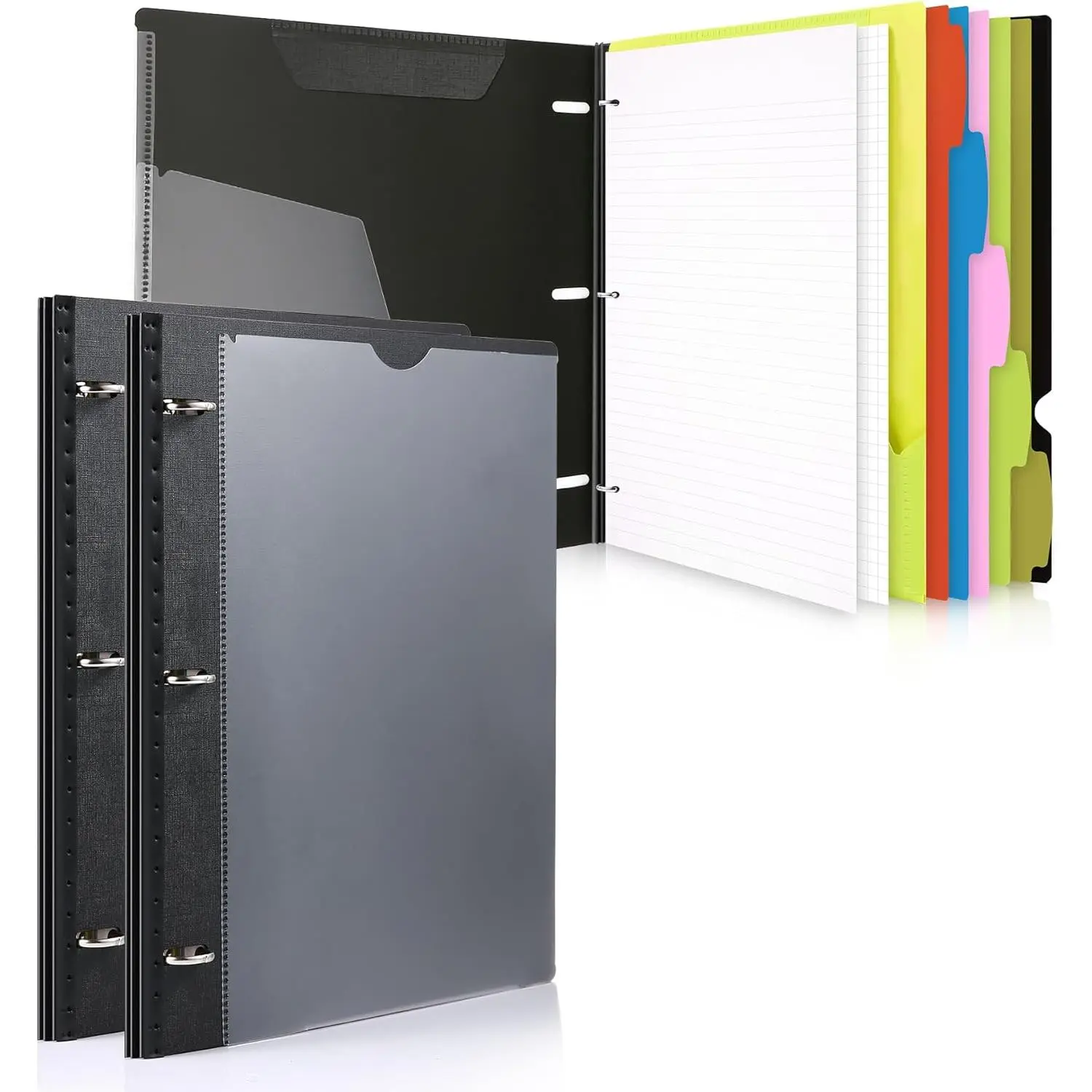 2-Pack Telescoping 3 Ring Binder Notebooks - Customizable Cover, 5 Dividers & Pocket Folder in One Slim Organizer (60 Sheets Included), Black