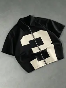 Y2K digital number 3 printed zip-up shirt, short-sleeve with a turn-down collar and loose fit, lightweight casual street style shirt, trendy summer everyday sporty streetwear, front zipper with bold pattern top #StreetTop #Y2KFashion