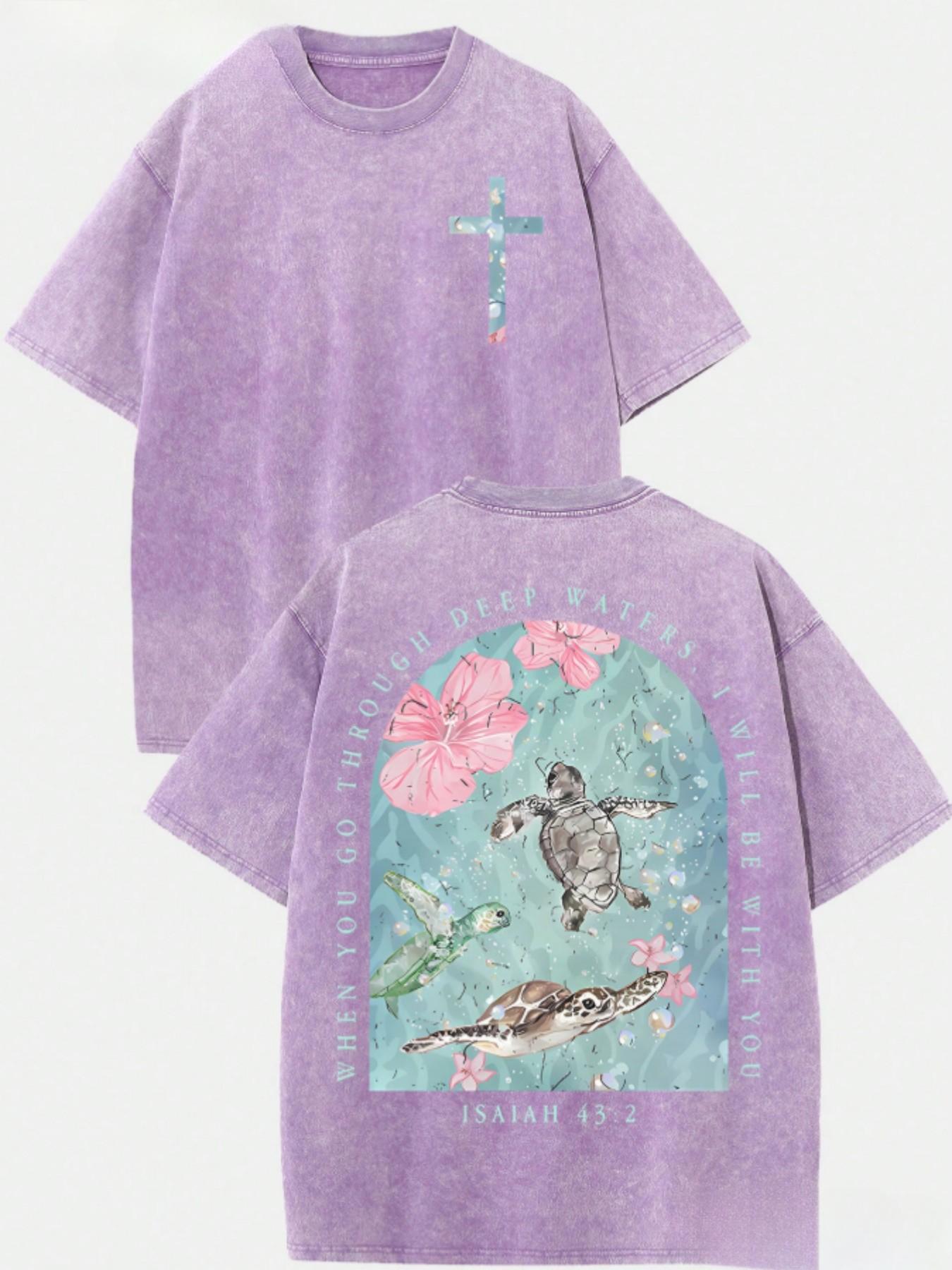 Men's Vintage Washed Pure Cotton T-Shirt - Oversized Streetwear Tee with Sea Turtle & Text Print ("I Will Be with You"), Loose Fit Casual Shirt, Machine Washable Soft Daily Wear