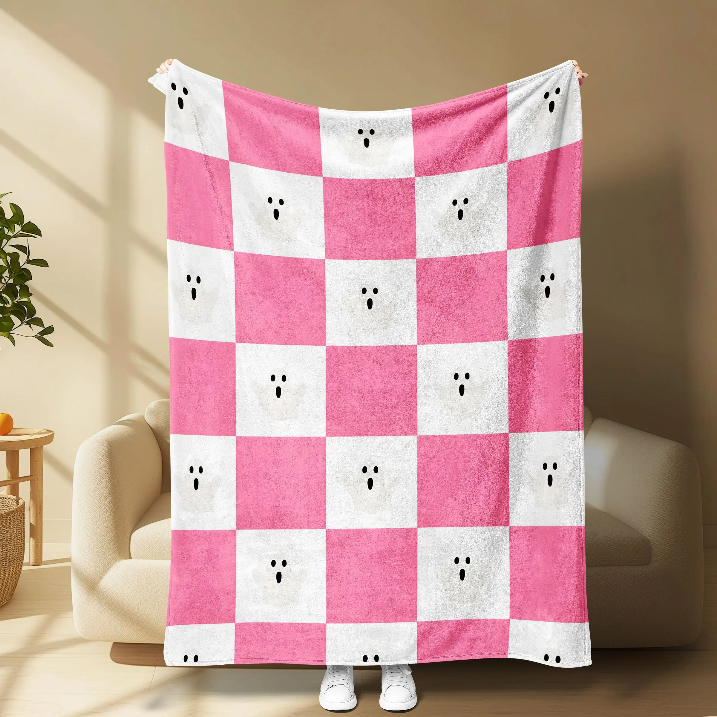 Checkered Ghost Print Flannel Blanket, ghostface crochet blanket,Soft Lightweight Warm, Halloween Theme, All-Season Sofa Bed Cover, Durable Easy Care
