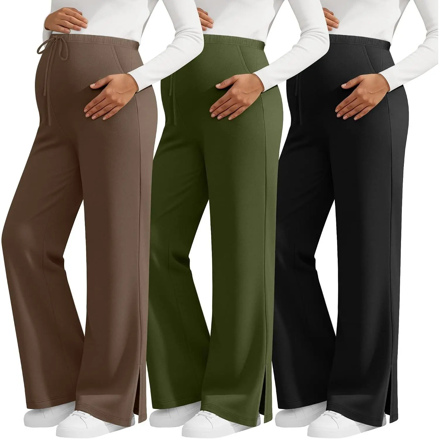3 Pack Women's Maternity Pants | Over the Belly, Pregnancy Sweatpants, Wide Leg, Lounge, Bottoms, with Pockets, Drawstring, Side slit
