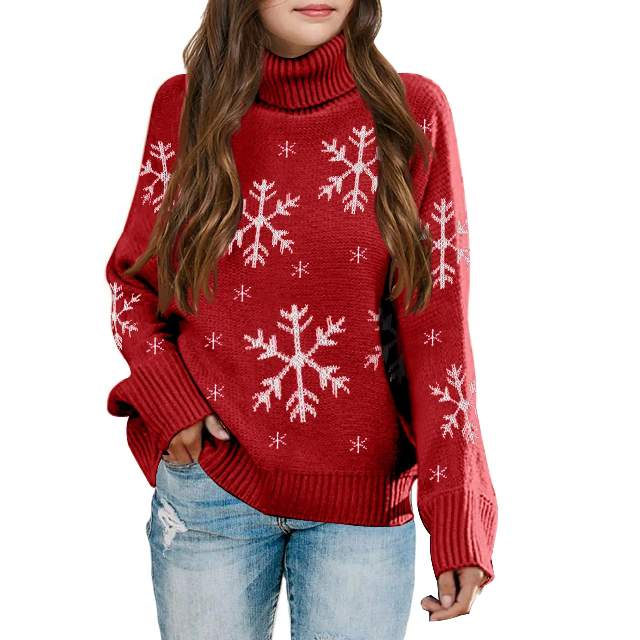 Girls Christmas Snowflake Turtleneck Sweater Kids Soft Knit Long Sleeve Pullover Holiday Fall Winter Top GSB