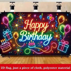 2D Flat Banner Polyester Photography Backdrop, HD Digitally Printed Neon Happy Birthday Design with Balloons and Fireworks, Soft Lightweight Foldable Machine Washable Background Cloth for Birthday Celebrations, Party Decor, Photo