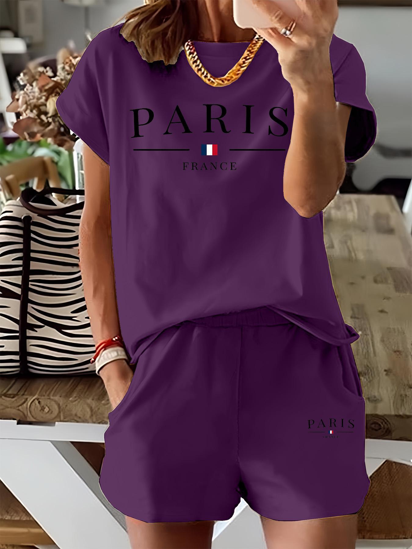 Women's Letter & Flag Print Two-piece Set, Casual Matching Set, Short Sleeve Tee & Elastic Waist Shorts Set, Casual Round Neck T-shirt & Pocket Shorts for Summer, Ladies Clothes for Daily Wear