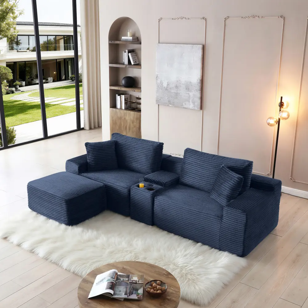 Modular Sectional Sofa, Deep Seat Corduroy Cloud Couch with Cup Holders, USB Ports & Storage Box, Sleeper Sofa Couch Boneless Couches with Movable Ottoman for Living Room, No Assembly Required, Blue