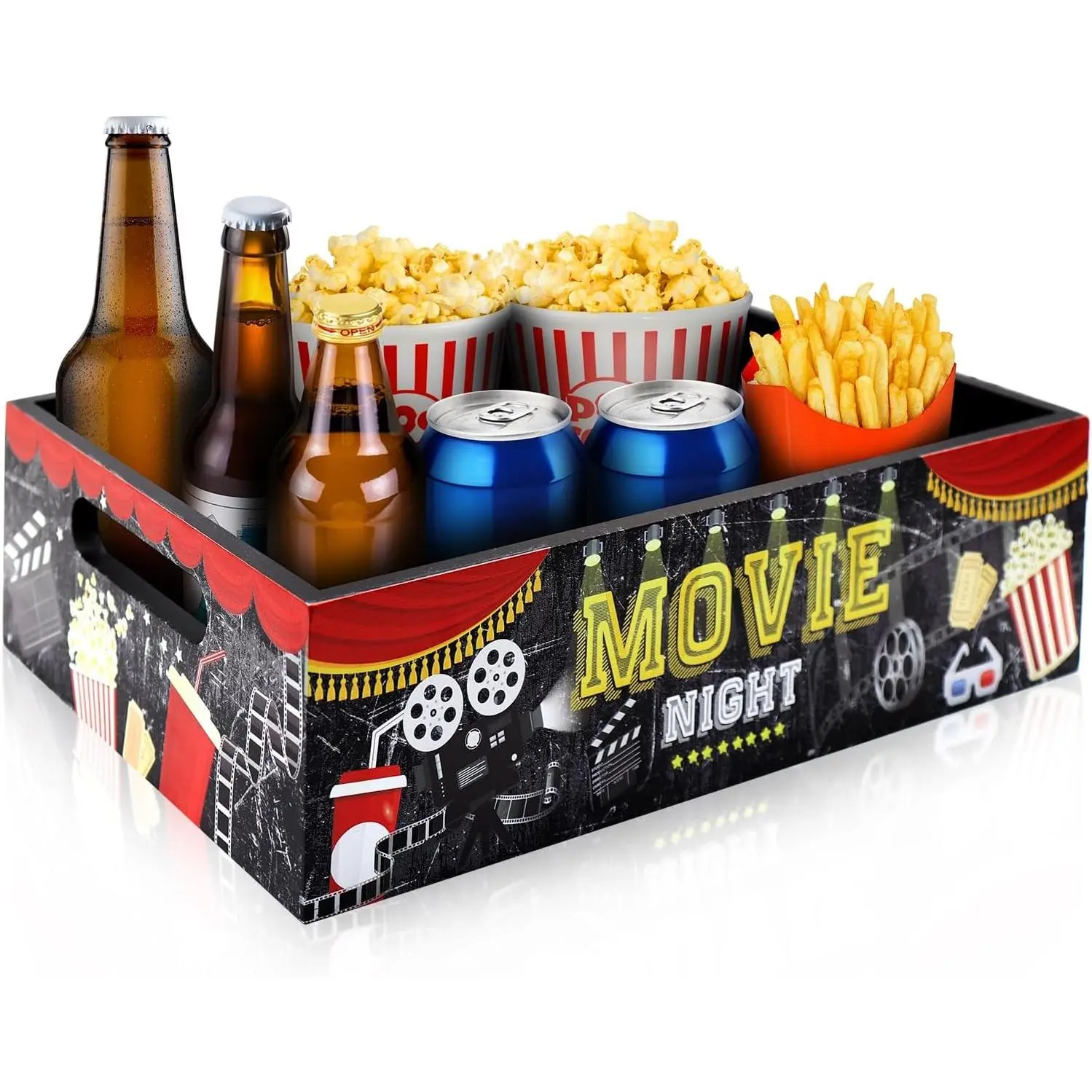 Movie Snack Tray with Handles - Wooden Theater Theme Snack Basket Tray - Classic Night