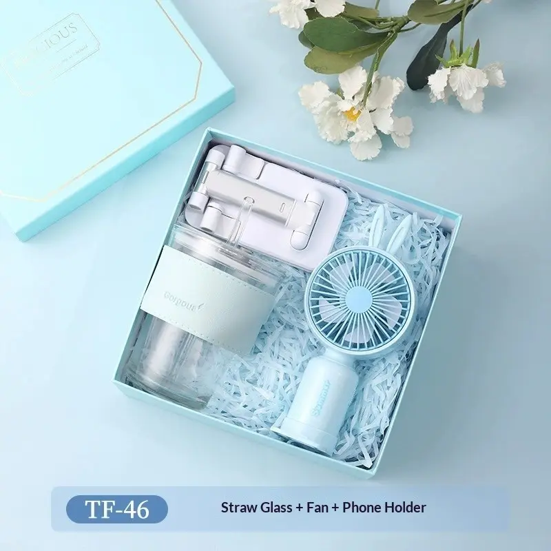 3-piece blue gift box set, glass straw cup/umbrella/handheld fan/coral fleece towel/phone holder/thermos cup multi combination set - company gift for customers and employees, practical wedding souvenir - birthday/holiday gift