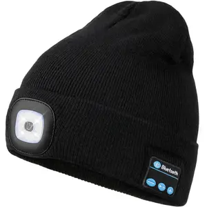 Bluetooth Beanie with a Light, USB Rechargeable 4 LED Fashlight Hat with Cordless Headphones, Unique Christmas Birthday Gifts for Men Him Husband Teen Black