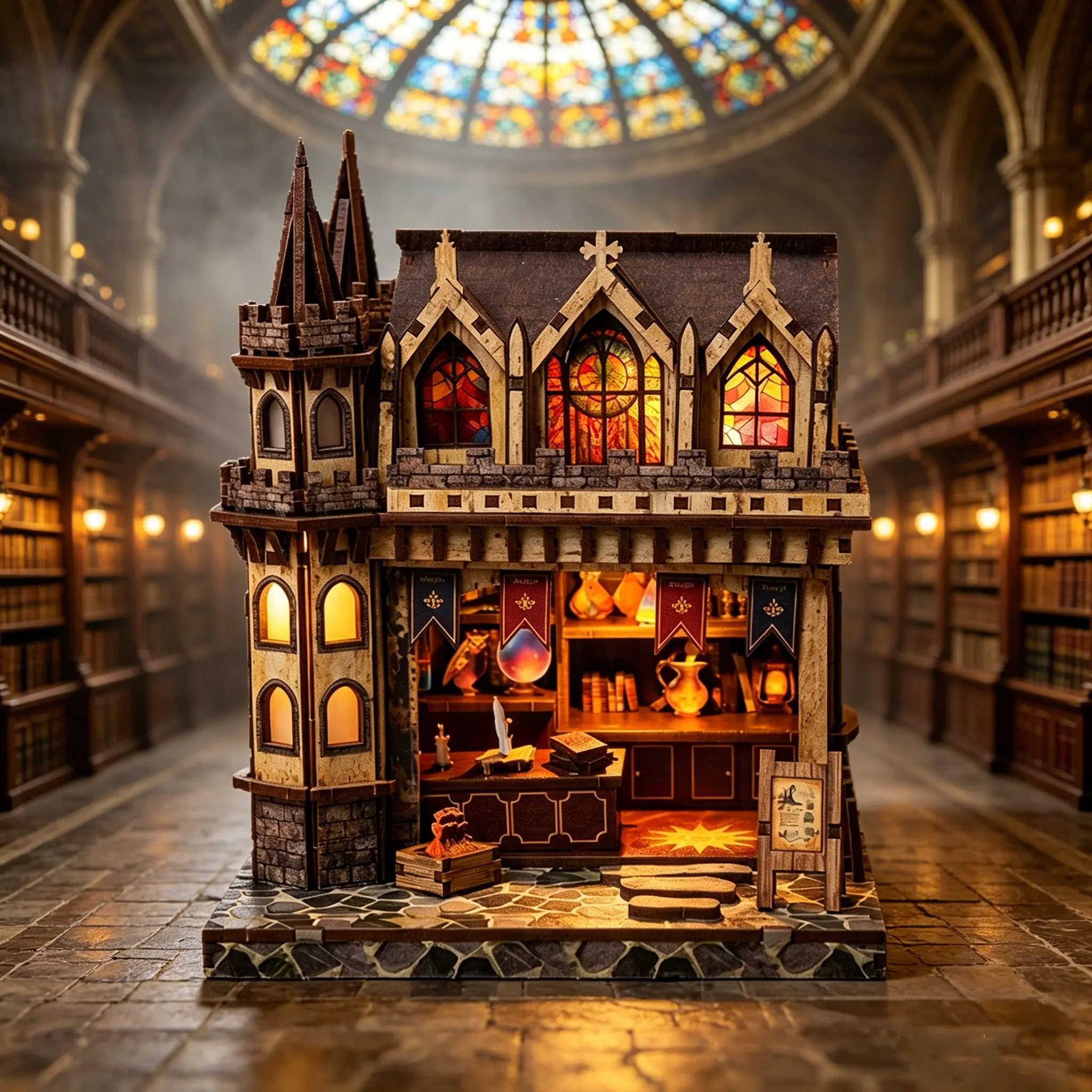 Adult and Teen DIY Mini Wooden Dollhouse Kit, Gothic Architecture Aesthetic, Pointed Tower, Vintage Stone Wall, Colorful Stained Glass, 3D Puzzle Gift