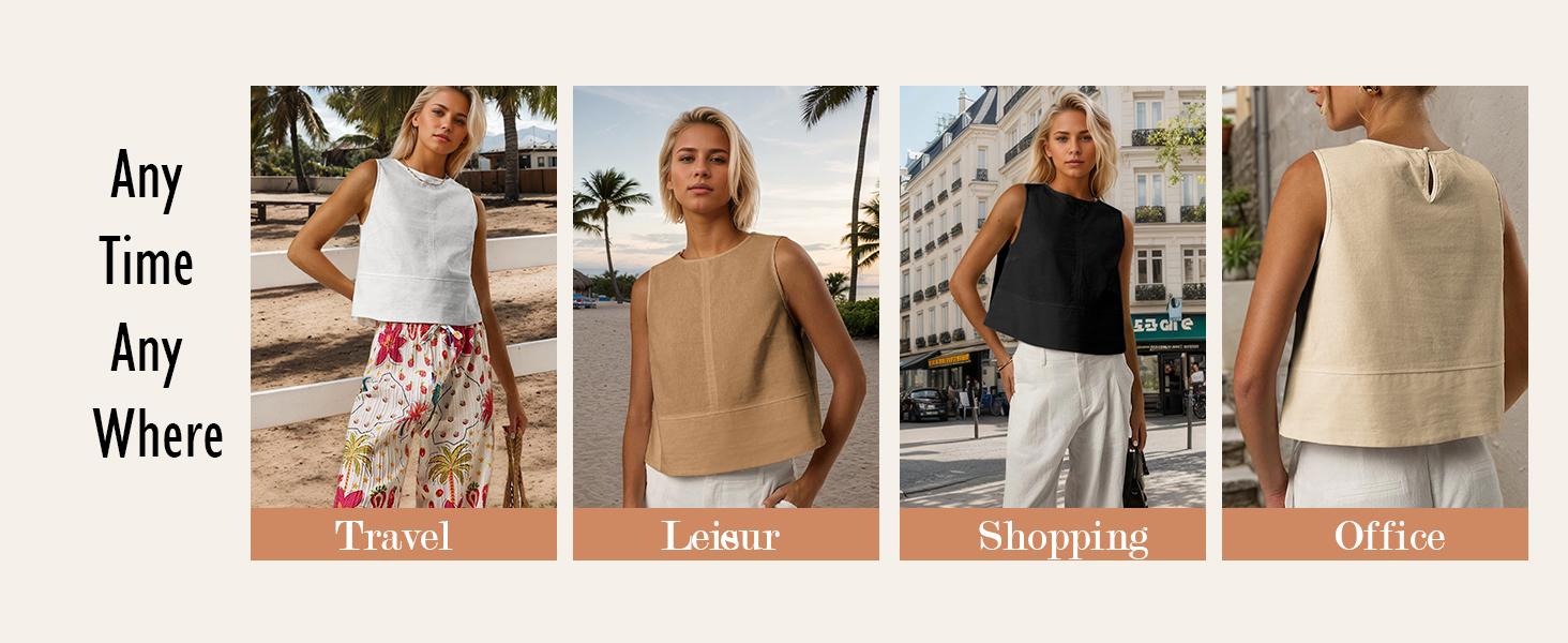 Mina Self 2025 Womens Linen Crop Tank Tops Summer Sleeveless Loose Comfy Casual Work Shirt Blouse Vest