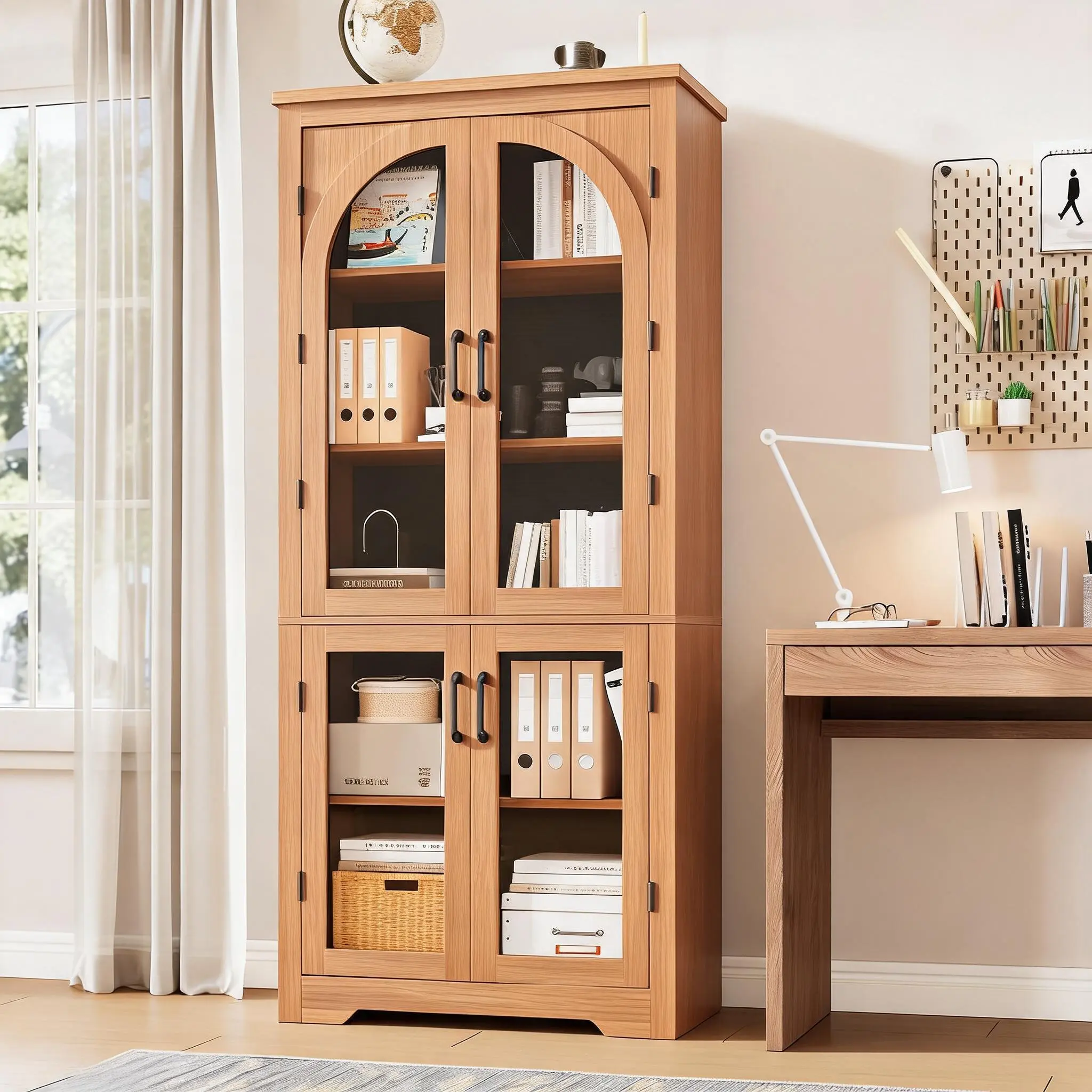 Modern 70'' Kitchen Pantry Storage Cabinet with 4 Arched Glass Doors - Adjustable Shelves - Curved Door MDF Cupboard for Kitchen, Dining Room, Living Room, Bathroom - Black Grain & Natural Wood