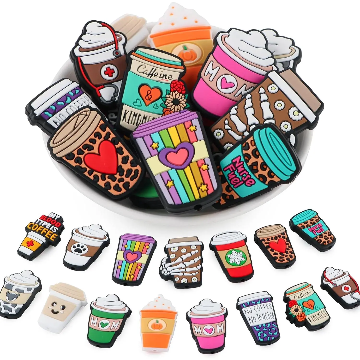 15-Count Synthetic Character Focal Beads for Pens, Cup-Themed Custom Patterns, Odorless Flexible Soft, 2mm Hole for DIY Crafting Beadable Pens & Bracelets