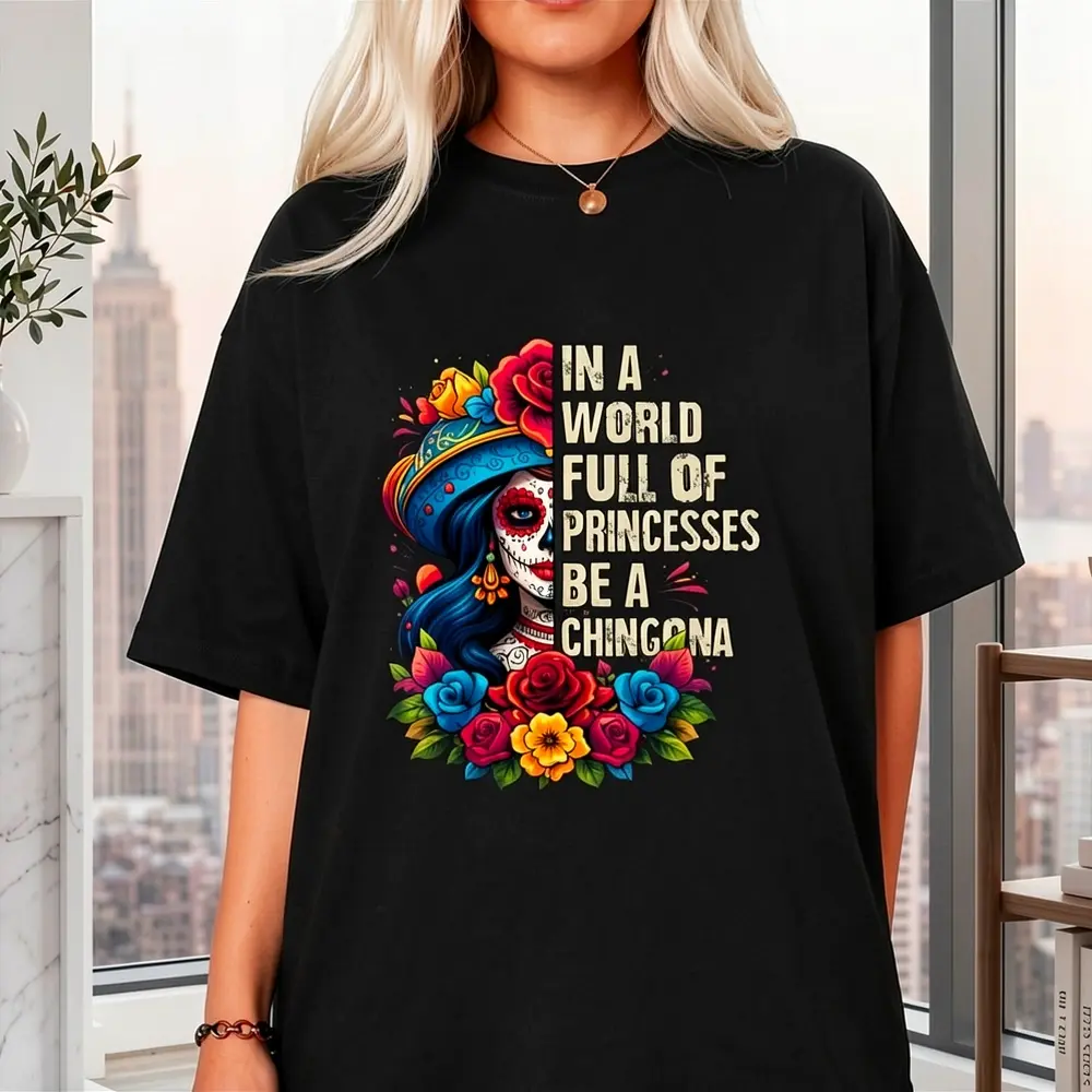 Women's 100% Cotton T-Shirt with La Catrina Graphic Print, Vintage Day of the Dead Streetwear Style, Casual Fit, Round Neck